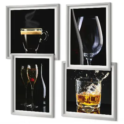 Wanddeko-Set mit Motiven zu Whisky, Wein, Champagner und Kaffee