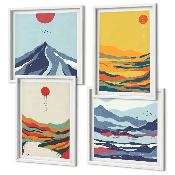 Abstraktes Wandbild Flussberge farbenfrohes Polyptychon mit Rahmen