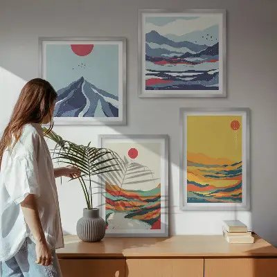 Abstraktes Wandbild Flussberge farbenfrohes Polyptychon mit Rahmen