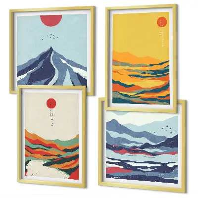 Abstraktes Wandbild Flussberge farbenfrohes Polyptychon mit Rahmen