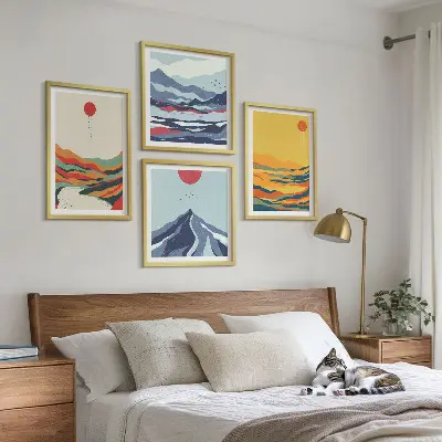 Abstraktes Wandbild Flussberge farbenfrohes Polyptychon mit Rahmen