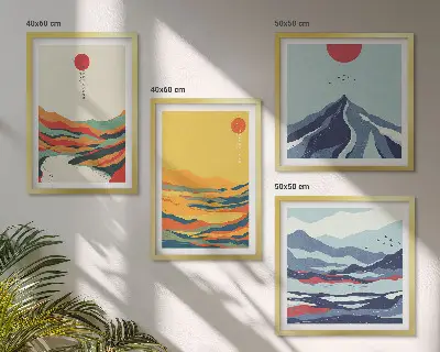 Abstraktes Wandbild Flussberge farbenfrohes Polyptychon mit Rahmen