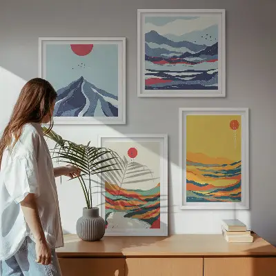 Abstraktes Wandbild Flussberge farbenfrohes Polyptychon mit Rahmen