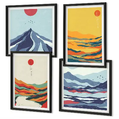 Abstraktes Wandbild Flussberge farbenfrohes Polyptychon mit Rahmen
