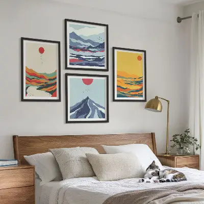 Abstraktes Wandbild Flussberge farbenfrohes Polyptychon mit Rahmen