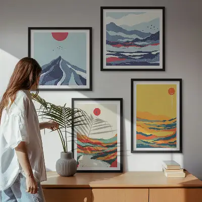 Abstraktes Wandbild Flussberge farbenfrohes Polyptychon mit Rahmen
