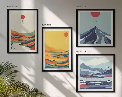 Abstraktes Wandbild Flussberge farbenfrohes Polyptychon mit Rahmen