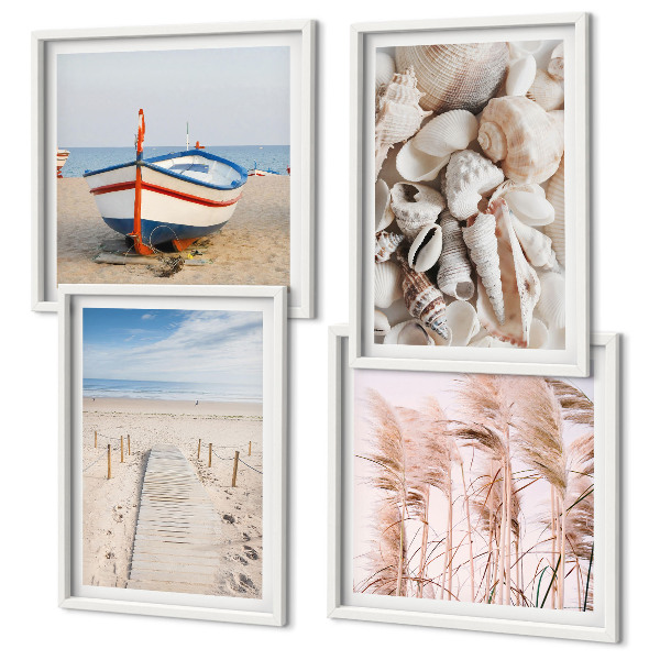 Polyptychon mit rahmen Strand, Boot, Muscheln, Gras, Boho-Stil