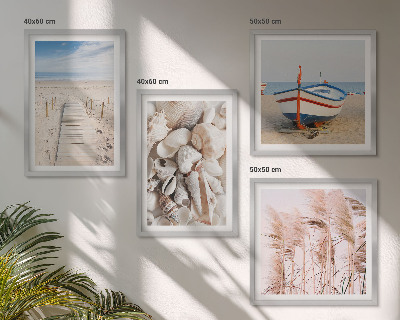 Polyptychon mit rahmen Strand, Boot, Muscheln, Gras, Boho-Stil