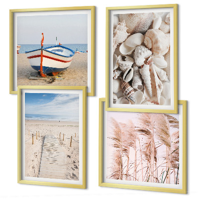 Polyptychon mit rahmen Strand, Boot, Muscheln, Gras, Boho-Stil