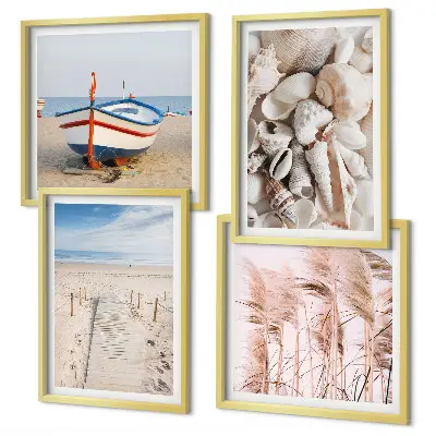 Polyptychon mit Rahmen Strandmotiv mit Boot, Muscheln und Gras im Boho-Stil