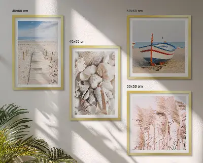 Polyptychon mit Rahmen Strandmotiv mit Boot, Muscheln und Gras im Boho-Stil