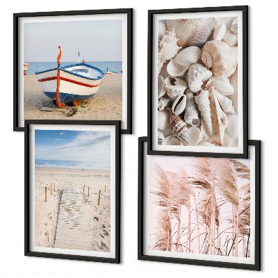 Polyptychon mit rahmen Strand, Boot, Muscheln, Gras, Boho-Stil