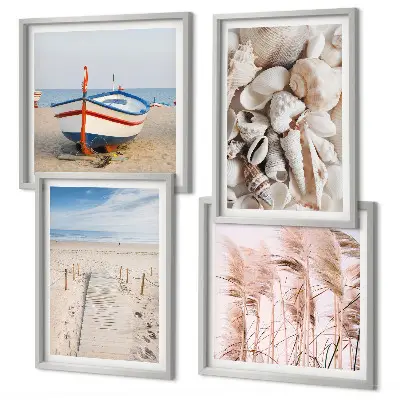 Polyptychon mit Rahmen Strandmotiv mit Boot, Muscheln und Gras im Boho-Stil