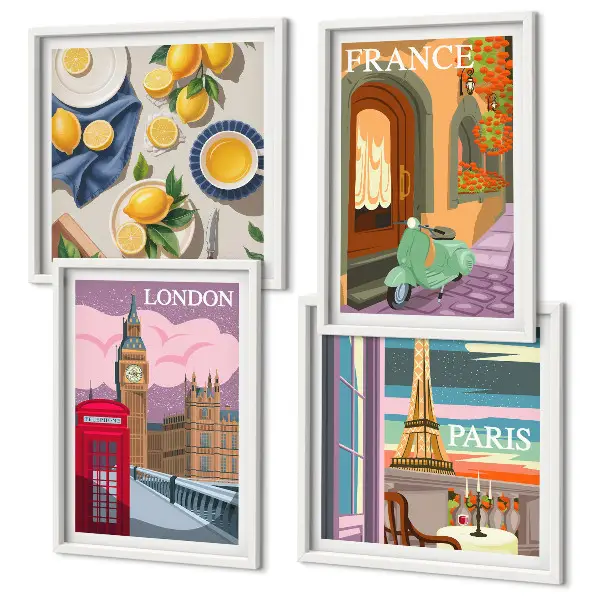 Wanddeko-Set mit Stadtansichten aus Paris und London