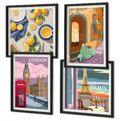 Wanddeko-Set mit Stadtansichten aus Paris und London