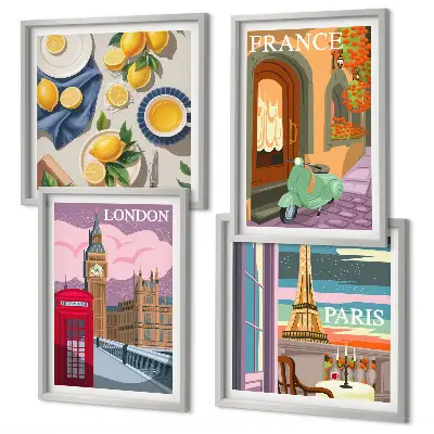 Wanddeko-Set mit Stadtansichten aus Paris und London