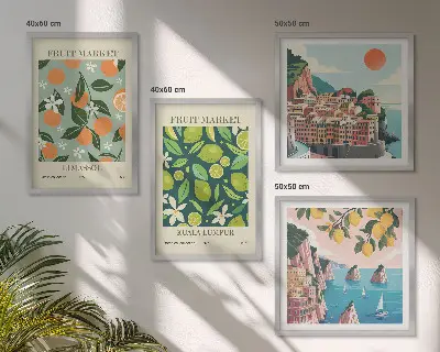 Vintage-Poster mit Fruchtmustern als Polyptychon mit Rahmen