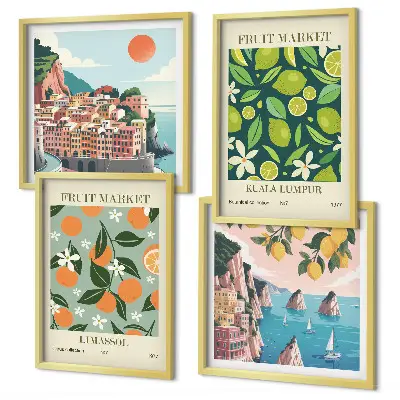 Vintage-Poster mit Fruchtmustern als Polyptychon mit Rahmen