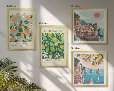 Vintage-Poster mit Fruchtmustern als Polyptychon mit Rahmen
