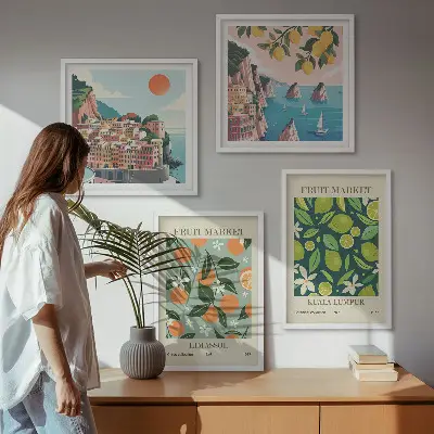 Vintage-Poster mit Fruchtmustern als Polyptychon mit Rahmen