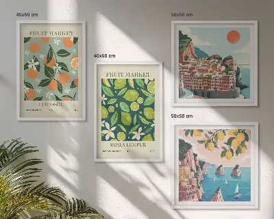 Vintage-Poster mit Fruchtmustern als Polyptychon mit Rahmen