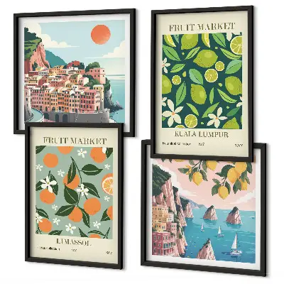 Vintage-Poster mit Fruchtmustern als Polyptychon mit Rahmen