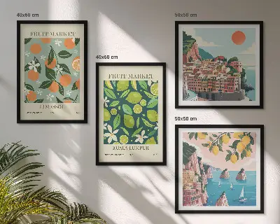 Vintage-Poster mit Fruchtmustern als Polyptychon mit Rahmen
