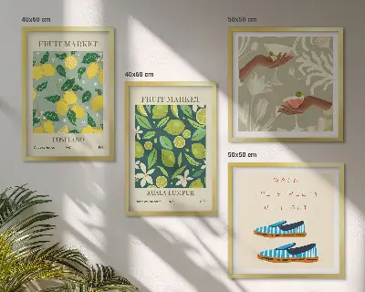 Italienische Poster mit Fruchtmotiven als Polyptychon mit Rahmen