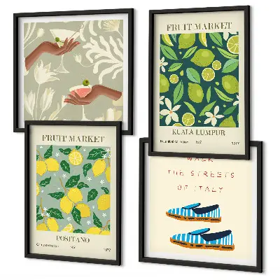 Italienische Poster mit Fruchtmotiven als Polyptychon mit Rahmen