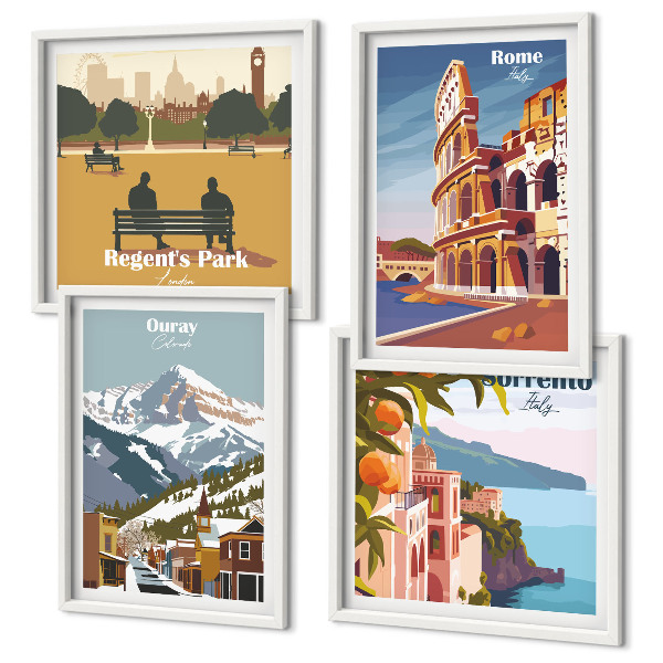 Wanddeko-set Retro-Illustrationen berühmter Orte