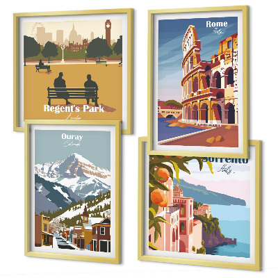Wanddeko-set Retro-Illustrationen berühmter Orte