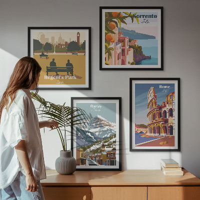 Wanddeko-set Retro-Illustrationen berühmter Orte