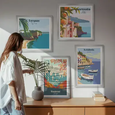 Retro-Ansichten von Städten auf der ganzen Welt als gerahmtes Polyptychon