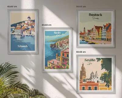 Landschaften europäischer Städte als mehrteiliges Wandbild mit Rahmen