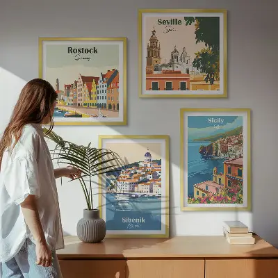 Landschaften europäischer Städte als mehrteiliges Wandbild mit Rahmen