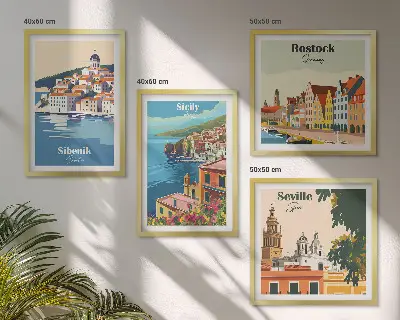 Landschaften europäischer Städte als mehrteiliges Wandbild mit Rahmen