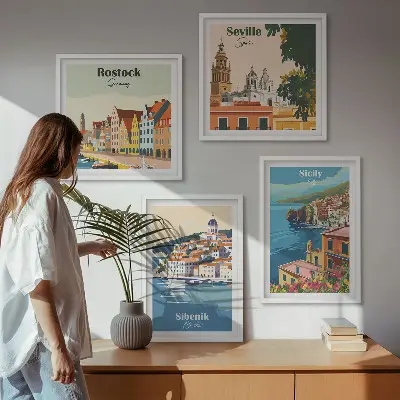 Landschaften europäischer Städte als mehrteiliges Wandbild mit Rahmen