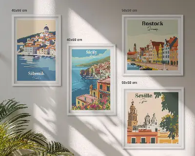 Landschaften europäischer Städte als mehrteiliges Wandbild mit Rahmen