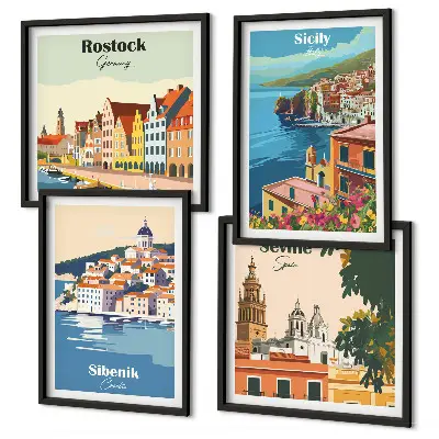 Landschaften europäischer Städte als mehrteiliges Wandbild mit Rahmen