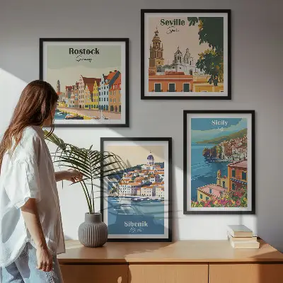 Landschaften europäischer Städte als mehrteiliges Wandbild mit Rahmen