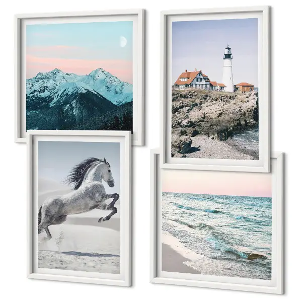 Wanddeko-Set mit Motiven von Pferden in Bewegung am Strand sowie Leuchtturm und Bergen