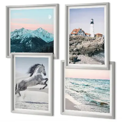 Wanddeko-Set mit Motiven von Pferden in Bewegung am Strand sowie Leuchtturm und Bergen