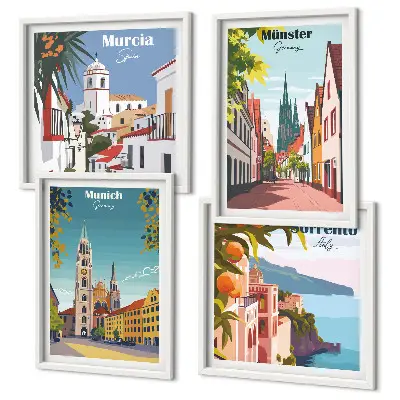 Europäische Städte in farbigen Illustrationen als gerahmtes Polyptychon