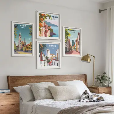 Europäische Städte in farbigen Illustrationen als gerahmtes Polyptychon