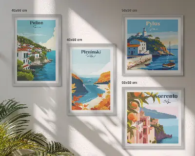 Wanddeko-Set mit retro Landschaften im malerischen Stil