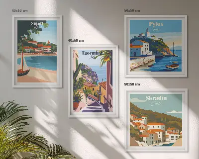 Illustrationen von Küstenstädten als gerahmtes Polyptychon