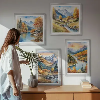 Berglandschaft mit einem Fluss als mehrteiliges Wandbild mit Rahmen