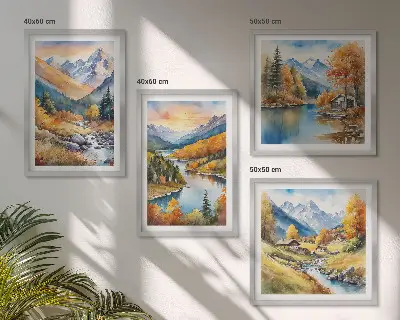 Berglandschaft mit einem Fluss als mehrteiliges Wandbild mit Rahmen