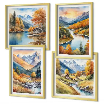 Berglandschaft mit einem Fluss als mehrteiliges Wandbild mit Rahmen